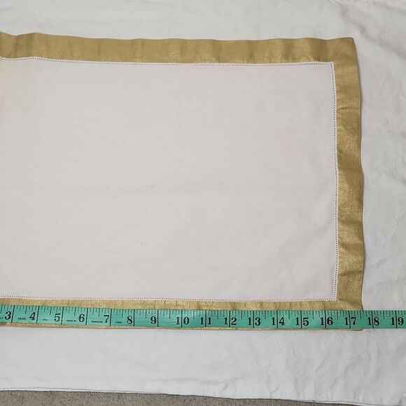 7 antique white linen placemats festive gold trim - Picture 8 of 10